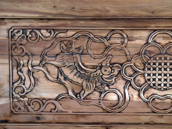 Hand Carved Dancing Lions Wood Wall Hanging Panel - Dyag East