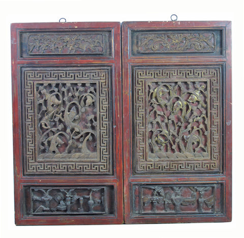 Pair of Hand Carved Antique Chinese Wall Hanging Panel