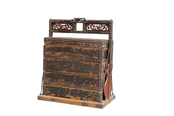Chinese Antique Stacking Lunch Box with Lacquered Accents and