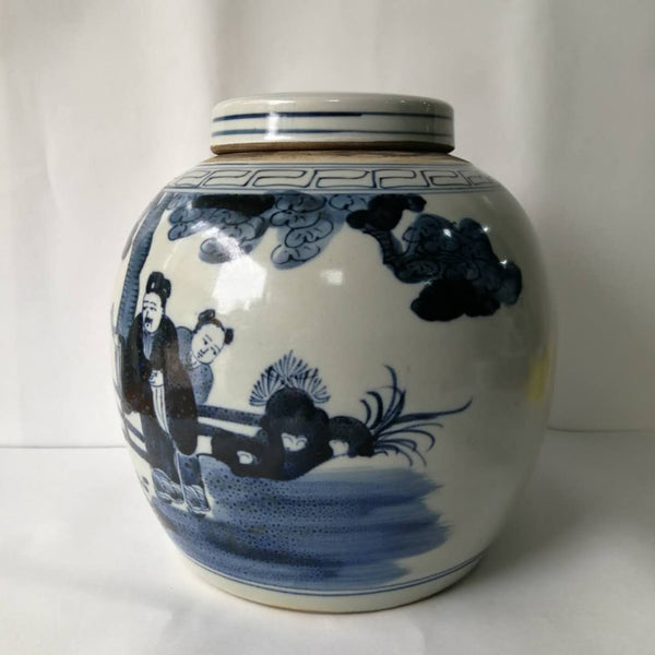Blue and White Porcelain Ginger Jar with Human Figural