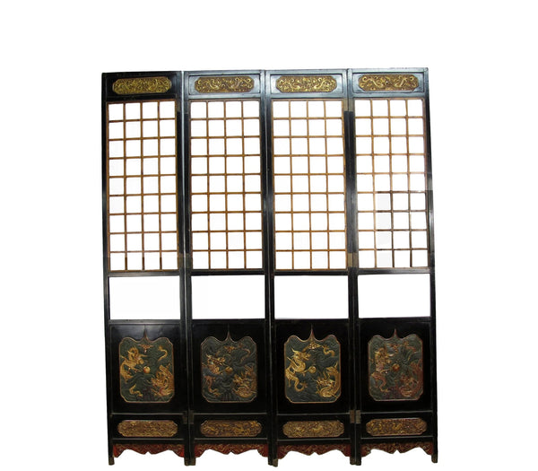 Antique Chinese Room Divider w Hand Carved & Gilded Dragons on Both Sides - Set of 4 - Dyag East