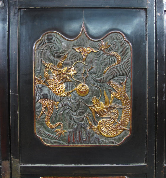 Antique Chinese Room Divider w Hand Carved & Gilded Dragons on Both Sides - Set of 4 - Dyag East