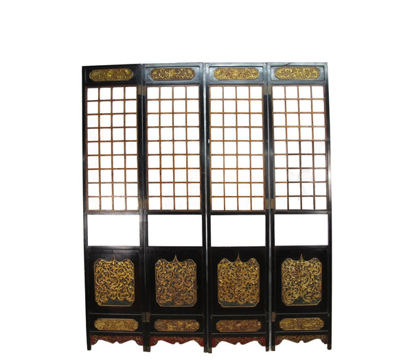 Antique Chinese Room Divider w Hand Carved & Gilded Dragons on Both Sides - Set of 4 - Dyag East