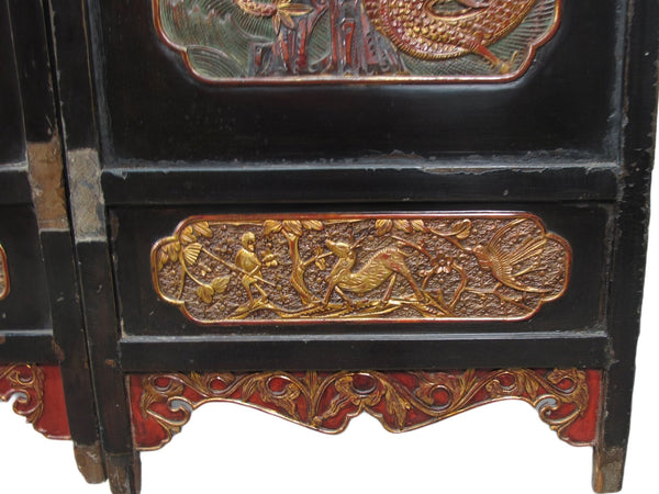 Antique Chinese Room Divider w Hand Carved & Gilded Dragons on Both Sides - Set of 4 - Dyag East