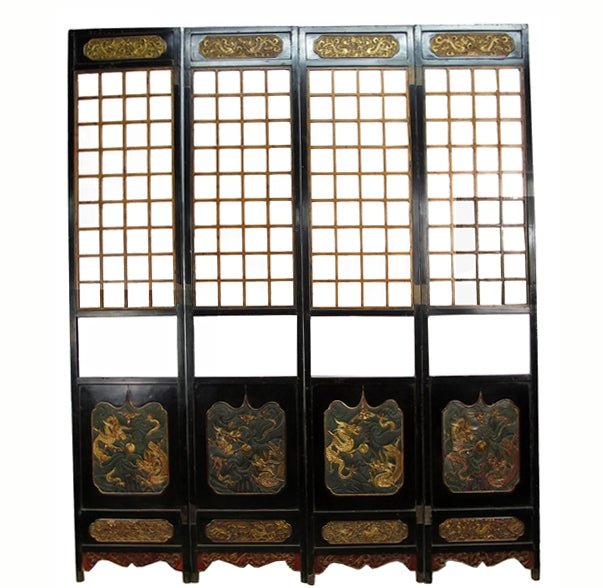 Antique Chinese Room Divider w Hand Carved & Gilded Dragons on Both Sides - Set of 4 - Dyag East
