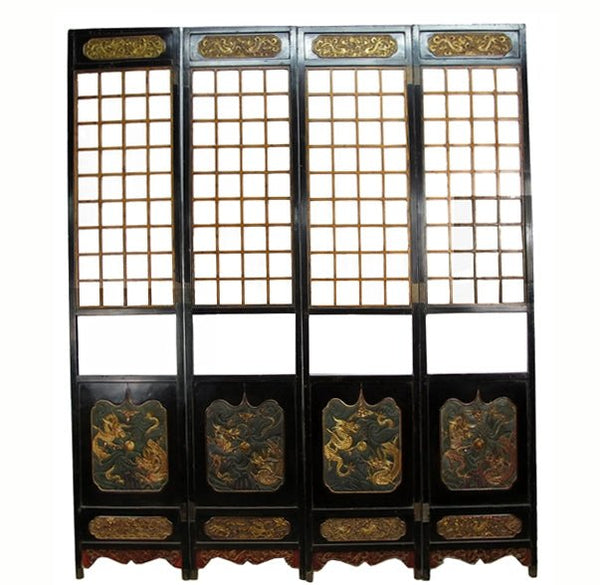 Antique Chinese Room Divider w Hand Carved & Gilded Dragons on Both Sides - Set of 4 - Dyag East