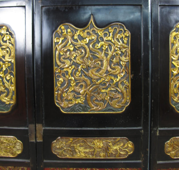 Antique Chinese Room Divider w Hand Carved & Gilded Dragons on Both Sides - Set of 4 - Dyag East