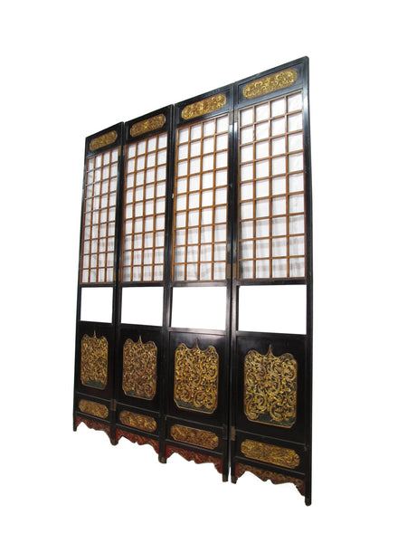 Antique Chinese Room Divider w Hand Carved & Gilded Dragons on Both Sides - Set of 4 - Dyag East