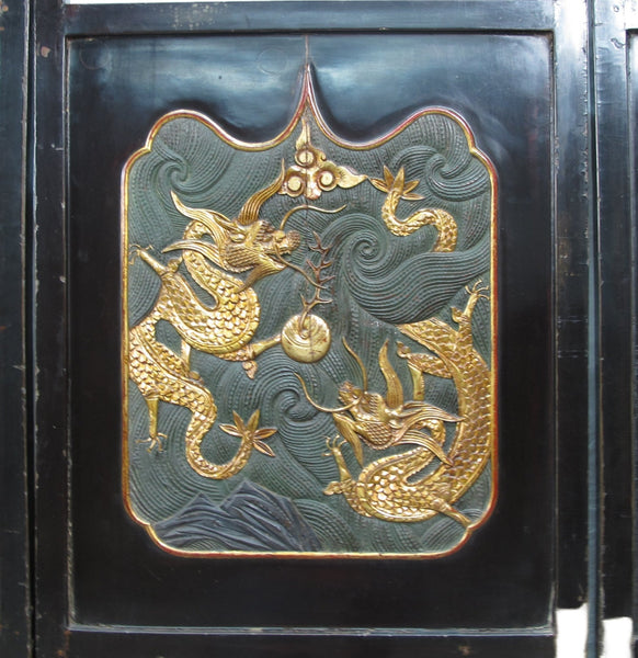 Antique Chinese Room Divider w Hand Carved & Gilded Dragons on Both Sides - Set of 4 - Dyag East