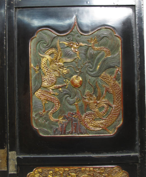 Antique Chinese Room Divider w Hand Carved & Gilded Dragons on Both Sides - Set of 4 - Dyag East