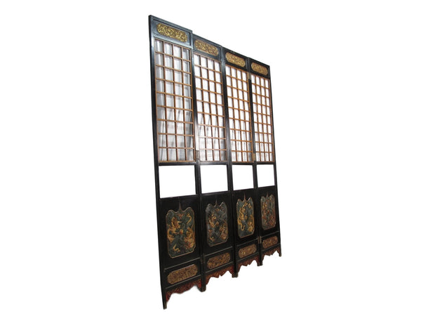 Antique Chinese Room Divider w Hand Carved & Gilded Dragons on Both Sides - Set of 4 - Dyag East