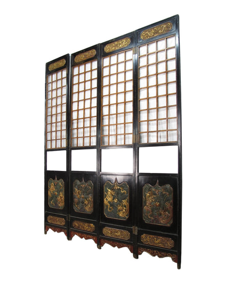 Antique Chinese Room Divider w Hand Carved & Gilded Dragons on Both Sides - Set of 4 - Dyag East