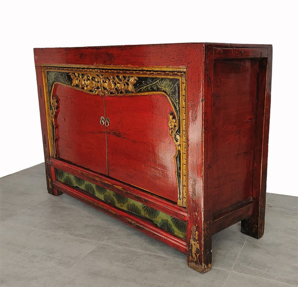Antique Red Shanxi Cabinet Table with Carved Border Doors - Dyag East