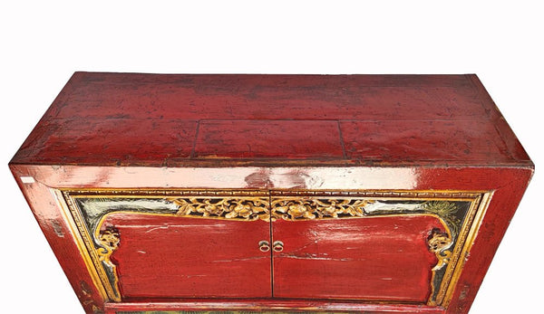 Antique Red Shanxi Cabinet Table with Carved Border Doors - Dyag East