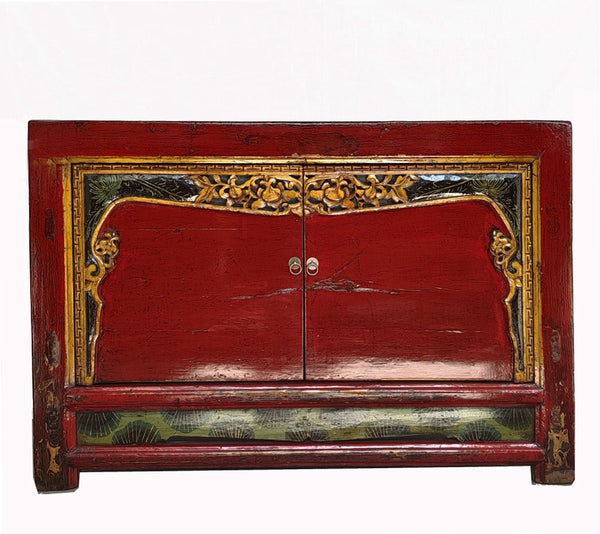 Antique Red Shanxi Cabinet Table with Carved Border Doors - Dyag East