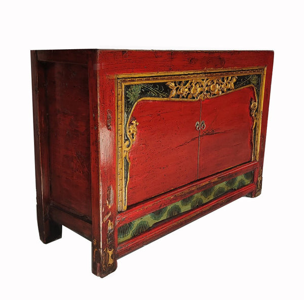 Antique Red Shanxi Cabinet Table with Carved Border Doors - Dyag East