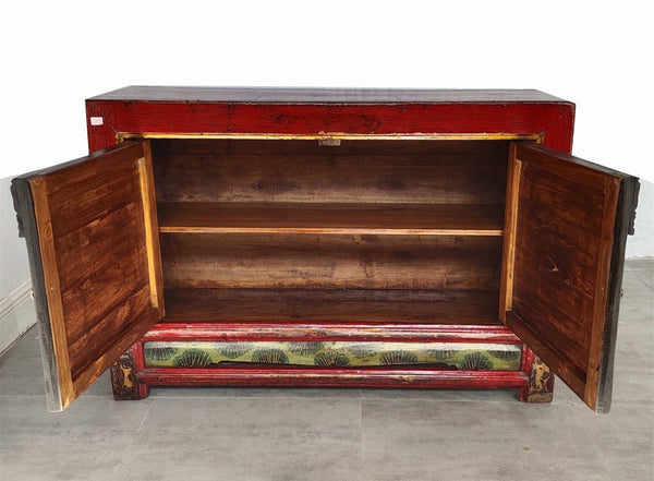 Antique Red Shanxi Cabinet Table with Carved Border Doors - Dyag East