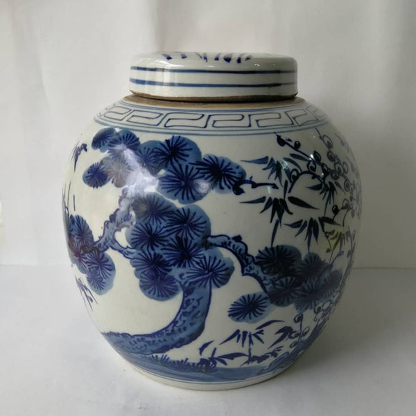 Blue and White Porcelain Tree and Flower Ginger Jar With Lid