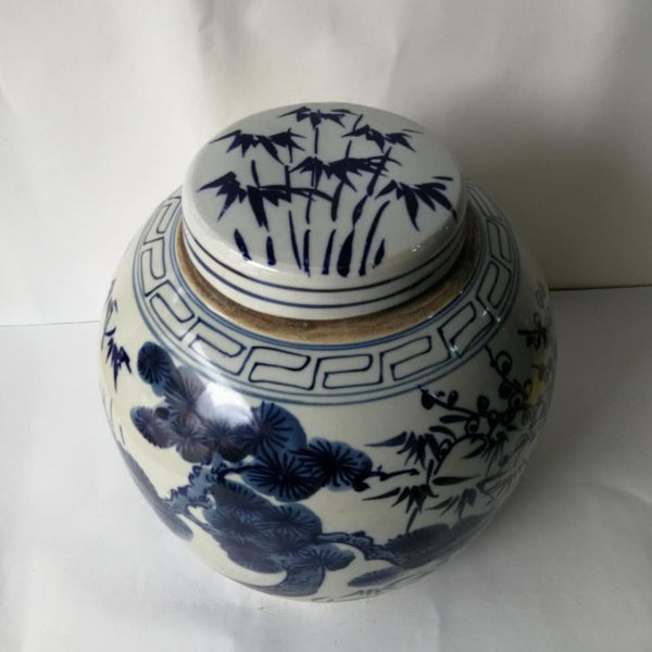 Blue and White Porcelain Tree and Flower Ginger Jar With Lid