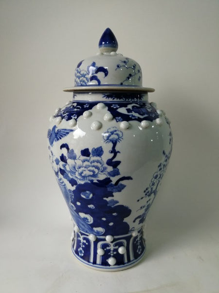Blue and White Chinese Porcelain Ginger Jar With Birds & Flowers