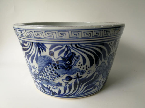 Blue and White Oriental Fish Bowl Planter - Dyag East