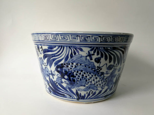Blue and White Oriental Fish Bowl Planter - Dyag East