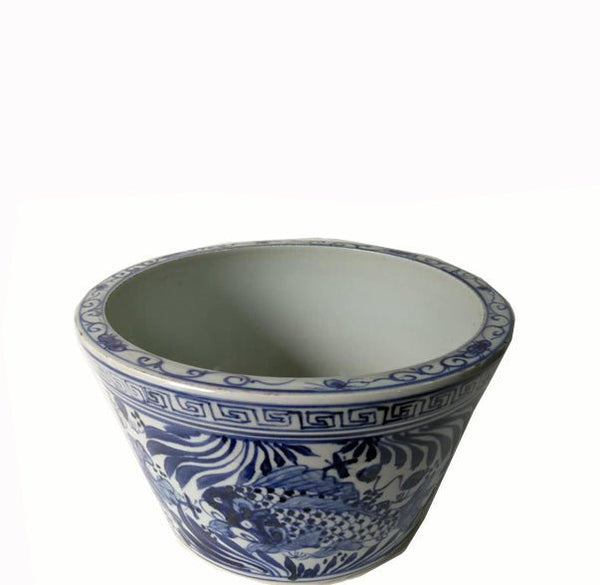 Blue and White Oriental Fish Bowl Planter - Dyag East