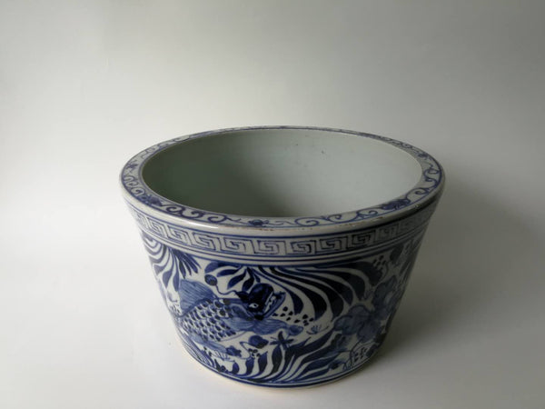 Blue and White Oriental Fish Bowl Planter - Dyag East