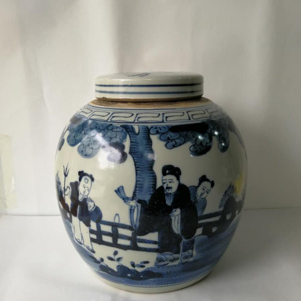 Blue and White Porcelain Ginger Jar with Human Figural - Dyag East