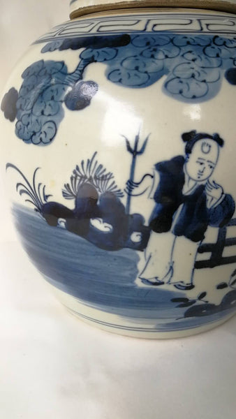 Blue and White Porcelain Ginger Jar with Human Figural - Dyag East