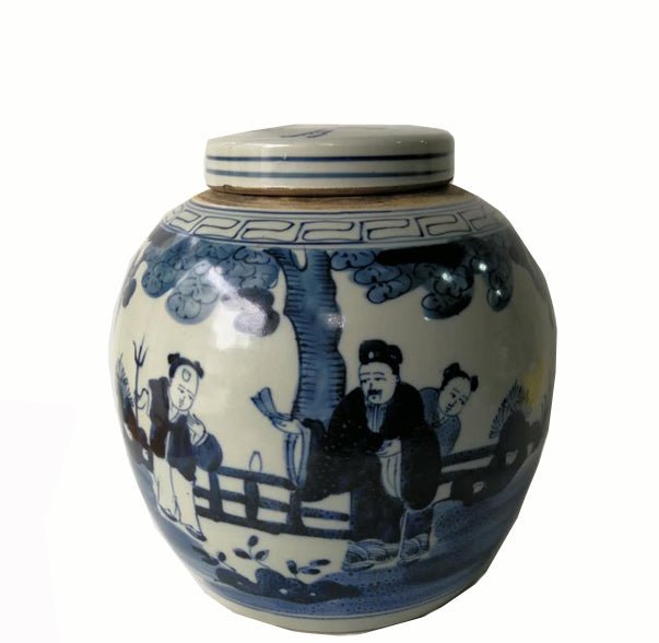 Blue and White Porcelain Ginger Jar with Human Figural - Dyag East