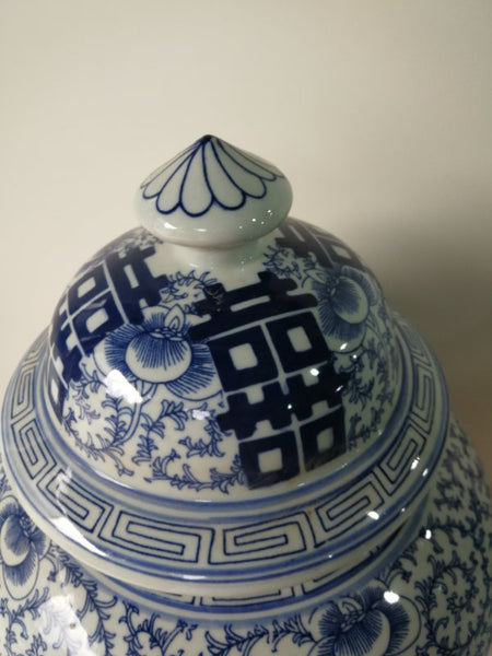 Double Happiness 20" Tall Blue and White Porcelain Ginger Jar