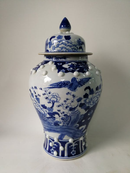 Blue and White Chinese Porcelain Ginger Jar With Birds & Flowers
