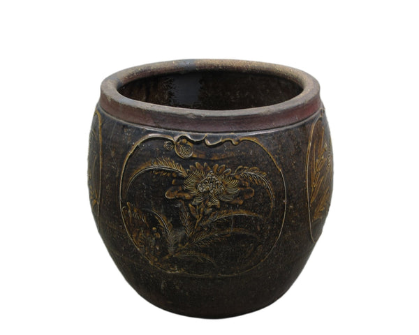 Dark Brown Glazed Earthenware Planter with Hand Painted Mystic Birds and Plants - Dyag East