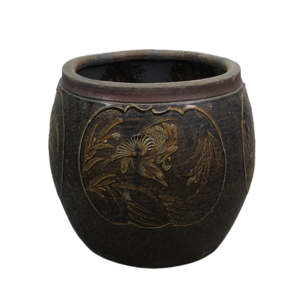 Dark Brown Glazed Earthenware Planter with Hand Painted Mystic Birds and Plants - Dyag East
