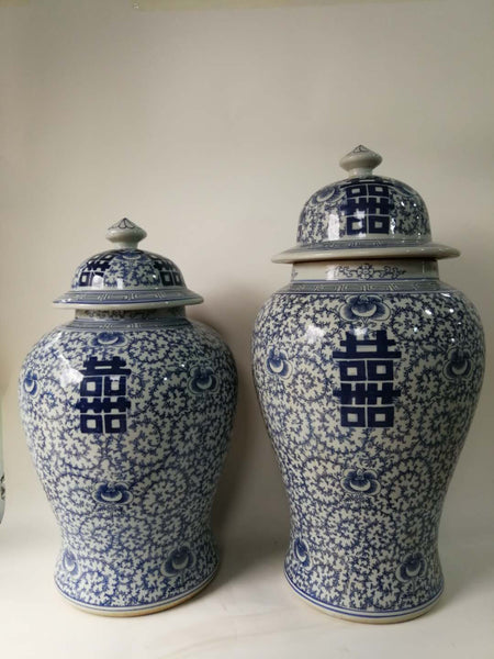 Double Happiness Blue and White Porcelain Ginger Jar - Dyag East