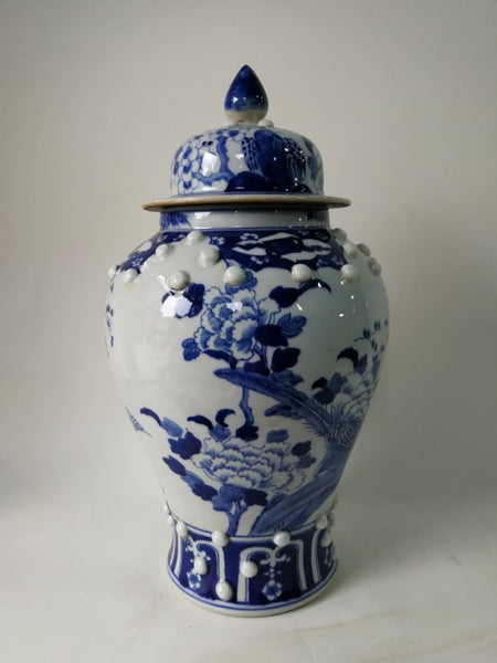 Blue and White Chinese Porcelain Ginger Jar With Birds & Flowers