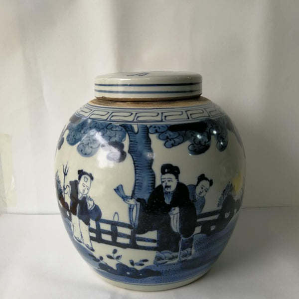 Blue and White Porcelain Ginger Jar with Human Figural