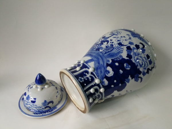Blue and White Chinese Porcelain Ginger Jar With Birds & Flowers