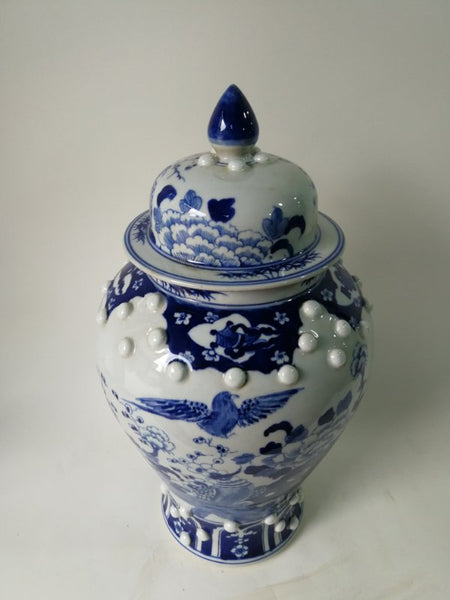 Blue and White Chinese Porcelain Ginger Jar With Birds & Flowers