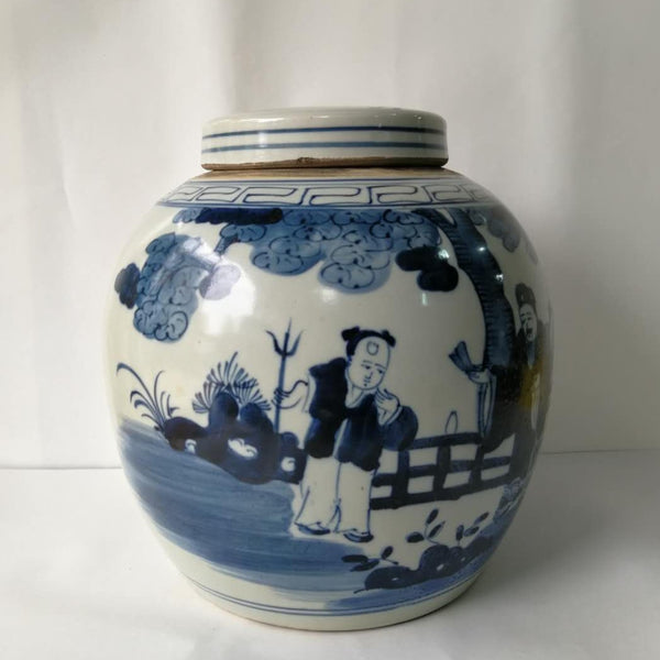 Blue and White Porcelain Ginger Jar with Human Figural