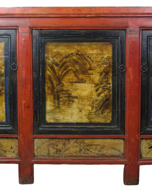 Hand Painted 78" Long Red Gansu Sideboard Cabinet - Dyag East