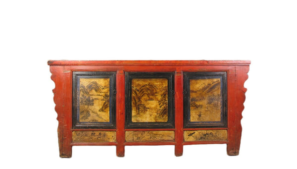 Hand Painted 78" Long Red Gansu Sideboard Cabinet - Dyag East