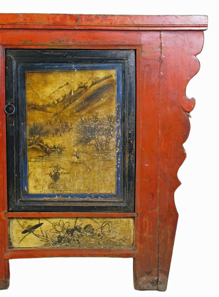 Hand Painted 78" Long Red Gansu Sideboard Cabinet - Dyag East