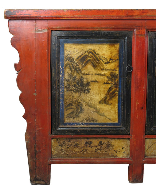 Hand Painted 78" Long Red Gansu Sideboard Cabinet - Dyag East