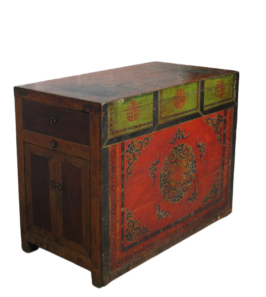 Hand Painted Five Bats Antique Gansu Tibetan Cabinet - Dyag East