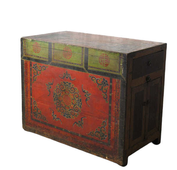 Hand Painted Five Bats Antique Gansu Tibetan Cabinet - Dyag East