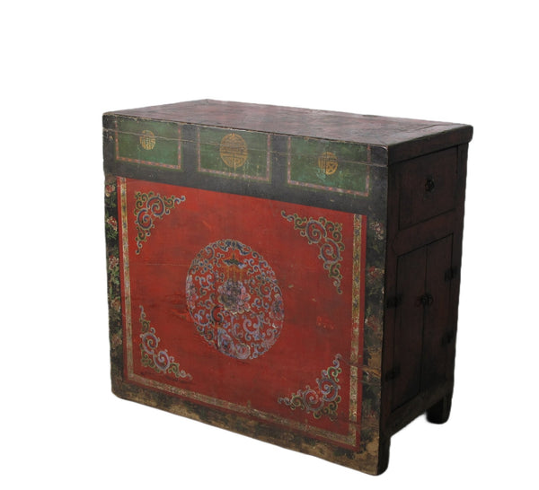 Hand Painted Flower Wreath Antique Gansu Tibetan Cabinet - Dyag East