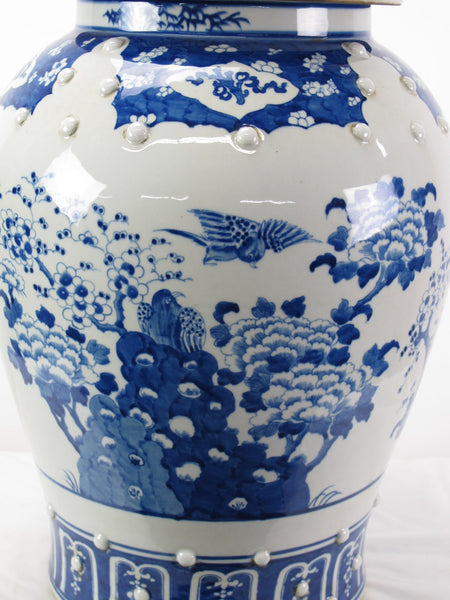 Large 27 Inch Tall Blue and White Porcelain Ginger Jar With Flowers & Flying Birds - Dyag East