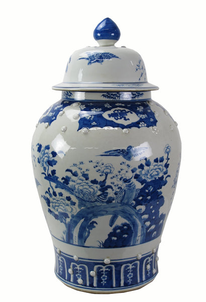 Large 27 Inch Tall Blue and White Porcelain Ginger Jar With Flowers & Flying Birds - Dyag East